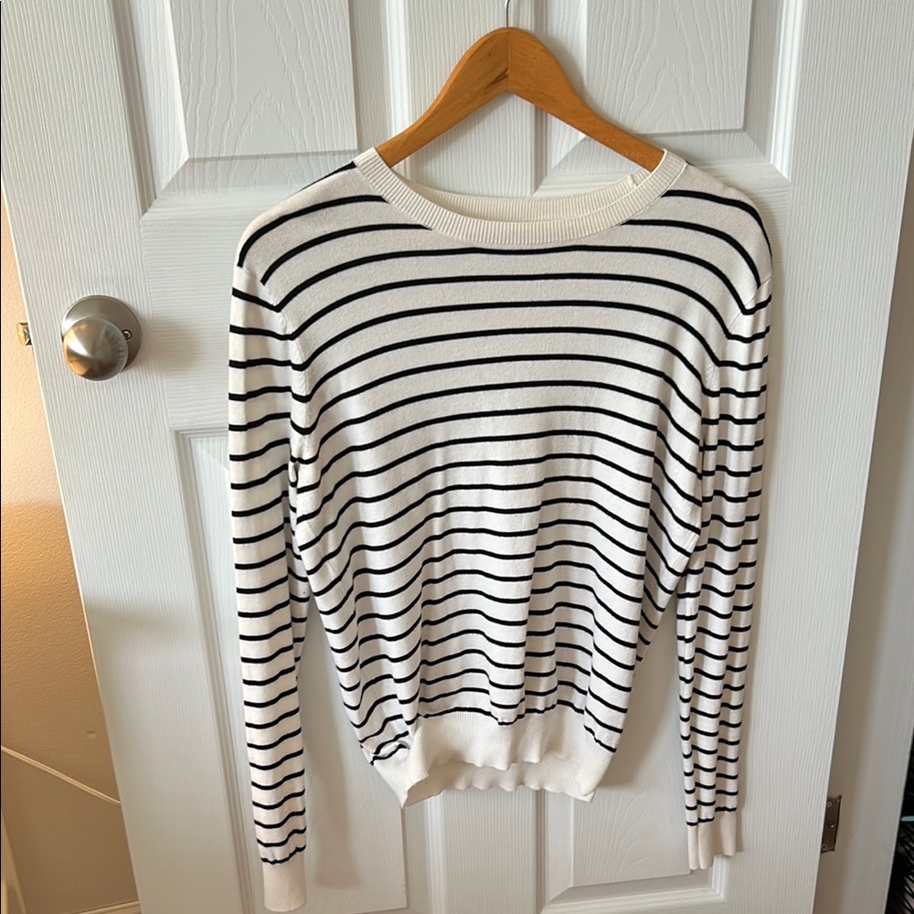 Black and White Striped Crew Neck Sweater